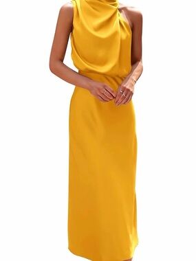 Asymmetrical Yellow Satin Cocktail Dress